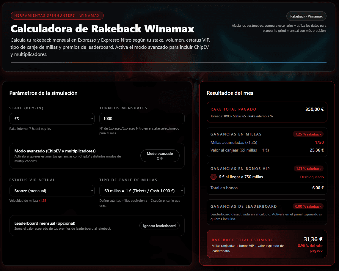 Calculadora de rakeback Winamax para Expresso